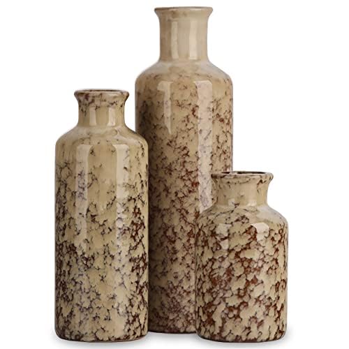 Blue Ceramic Vase Set - 3 Blue Small Vases, Farmhouse Country Flower Vase Home Decor, Living Room Decoration, Table Decoration, Fireplace Decor, and Entrance Decorations Centerpieces