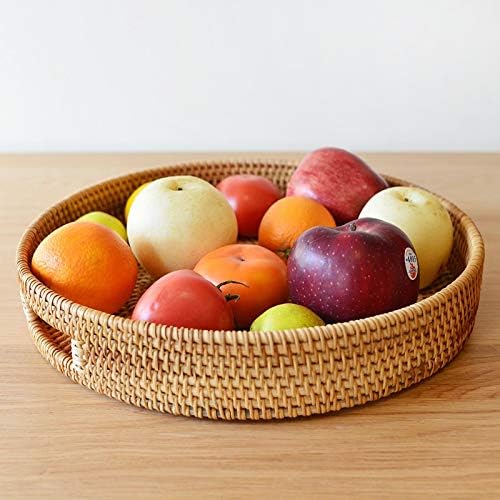 Coffee Table Tray Round Rattan Ottoman Tray Woven Serving Trays with Handles for Home and Kitchen Decorative Natural (Large 14 inch x 2.4 inch)