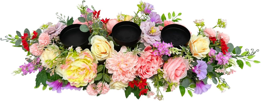 Candle Holder Centerpiece for Table Artificial Peonies Flowers,Rose Flowers and Morning Glory for Wedding Party Table Centerpieces Mixed Flowers Floral Arrangement Home Kitchen Decor