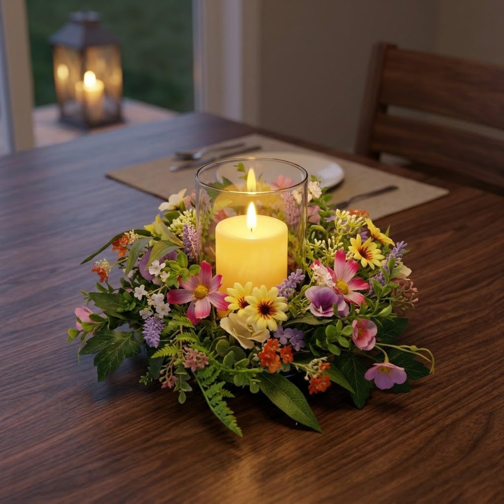 Floral Candle Holder Centerpiece for Table, Glass Hurricane with Detachable Small Floral Wreath, Farmhouse Spring Centerpiece for Dining Table, Wedding, Easter and Home Decor