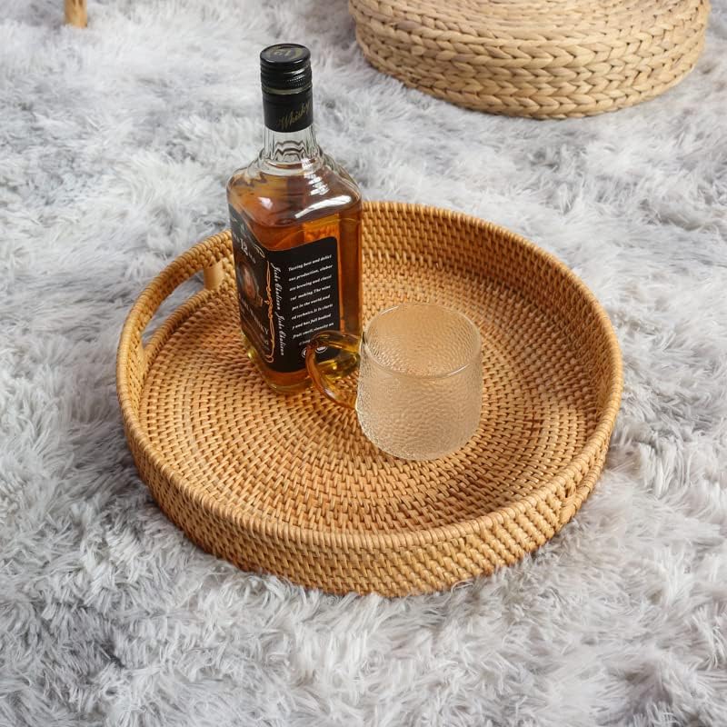 Coffee Table Tray Round Rattan Ottoman Tray Woven Serving Trays with Handles for Home and Kitchen Decorative Natural (Large 14 inch x 2.4 inch)