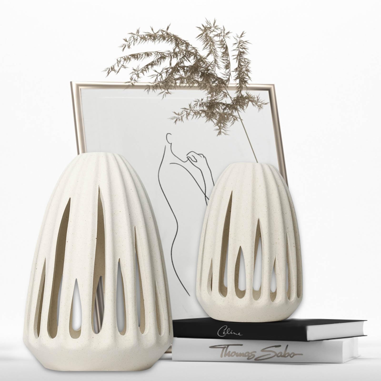 Ceramic Vase - Set of 2 for Home Decor,Black Flower Shape Pampas Vases Minimalist Nordic Boho Style for Modern Farmhouse Decor, Living Room、 Kitchen、Mantle、Bedroom、Dining Table、Office