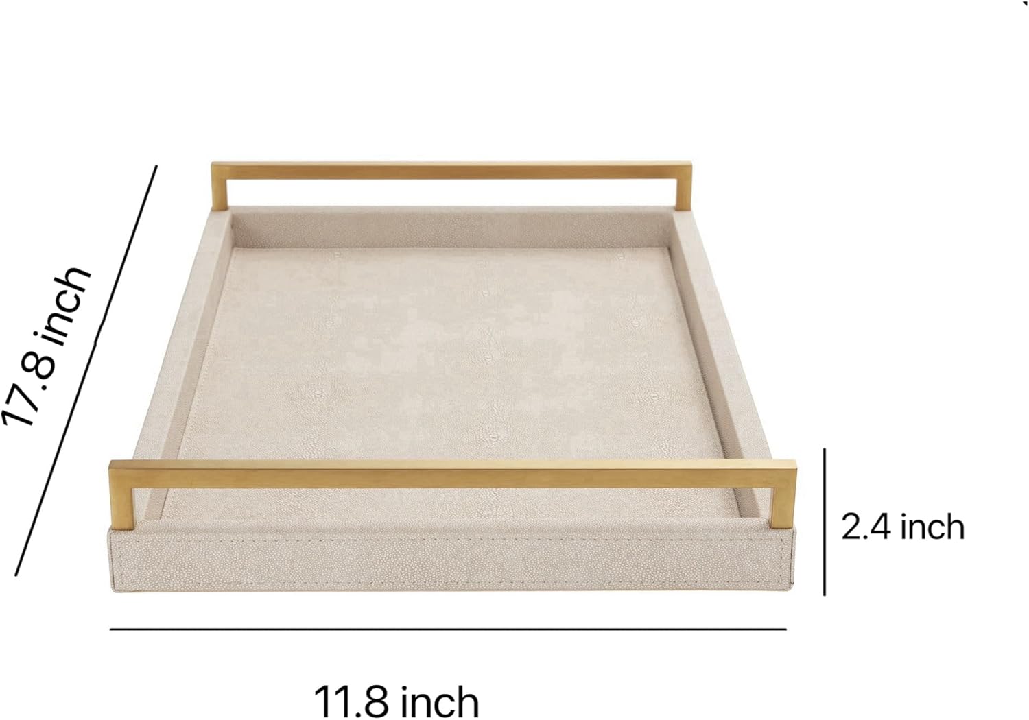 WV Ivory Shagreen Leather Serving Tray with Gold Handles-17.7x11.8 Inch Large Wooden Decorative Ottoman Tray fro Coffee Table, Kitchen, Dining, and Home Decor (Ivory)