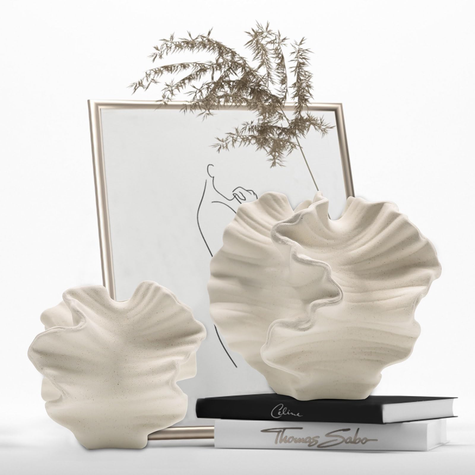 Ceramic Vase - Set of 2 for Home Decor,Black Flower Shape Pampas Vases Minimalist Nordic Boho Style for Modern Farmhouse Decor, Living Room、 Kitchen、Mantle、Bedroom、Dining Table、Office