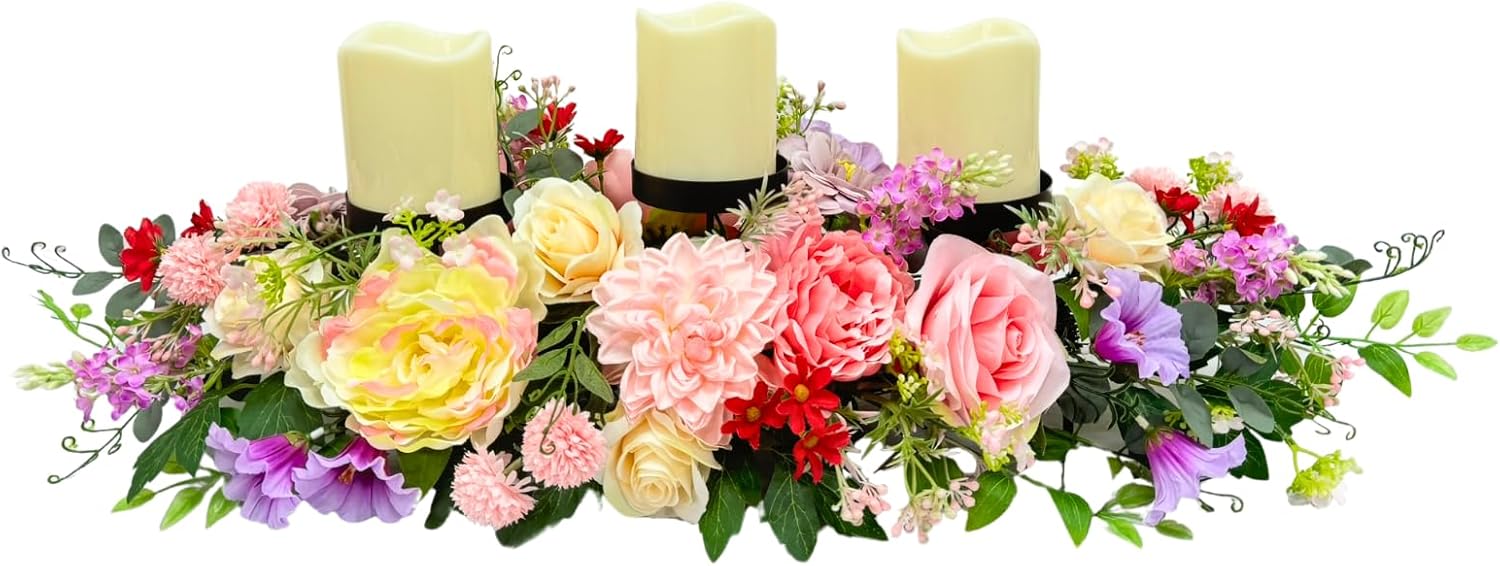 Candle Holder Centerpiece for Table Artificial Peonies Flowers,Rose Flowers and Morning Glory for Wedding Party Table Centerpieces Mixed Flowers Floral Arrangement Home Kitchen Decor