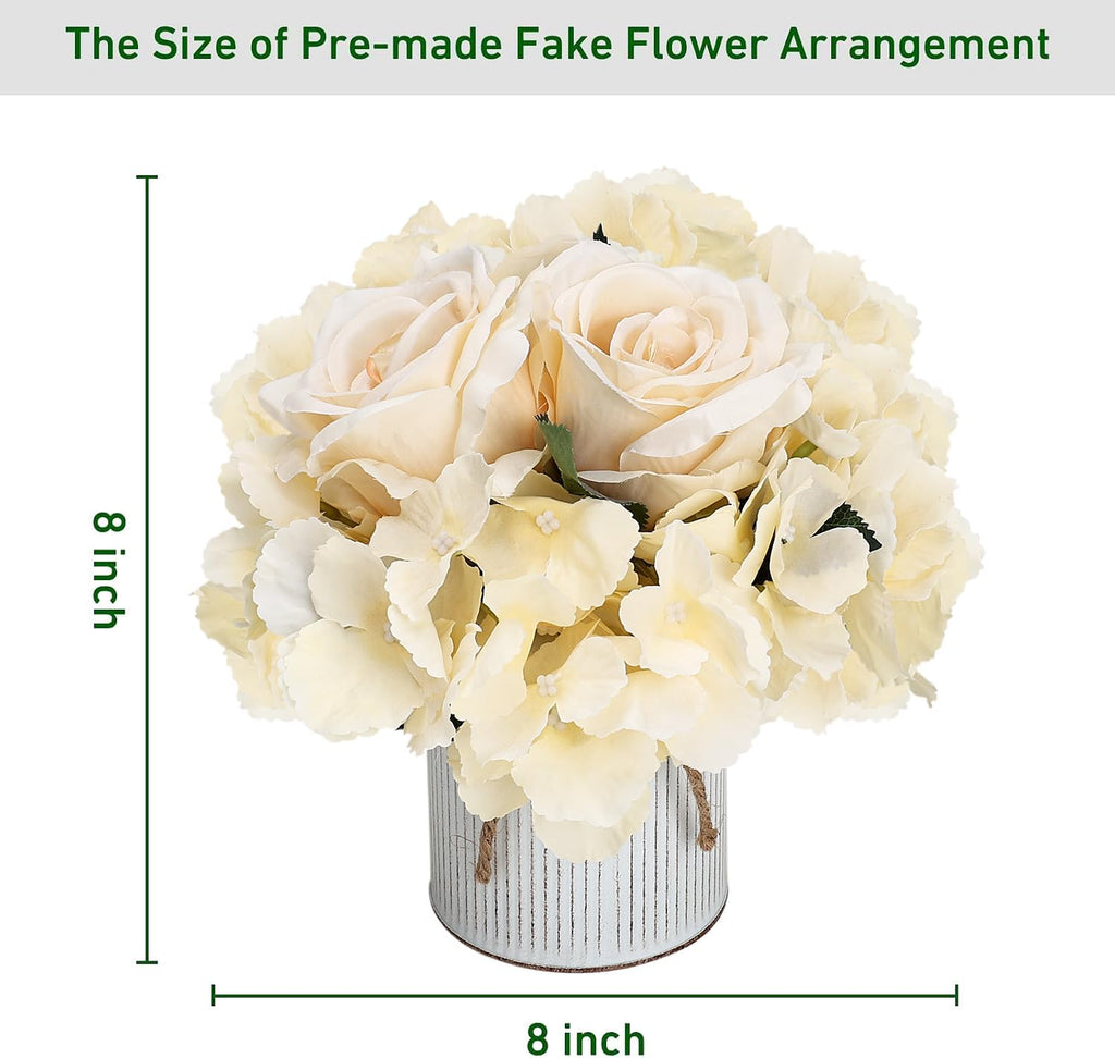 Flower Table Centerpieces - Set of 6 Floral Arrangement Artificial Wedding Hydrangeas Floral Arrangement with Rustic Metal Vase for Bridal Tea Party Event Decorations - Champagne