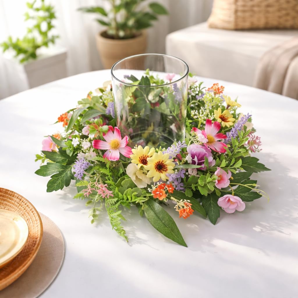Floral Candle Holder Centerpiece for Table, Glass Hurricane with Detachable Small Floral Wreath, Farmhouse Spring Centerpiece for Dining Table, Wedding, Easter and Home Decor