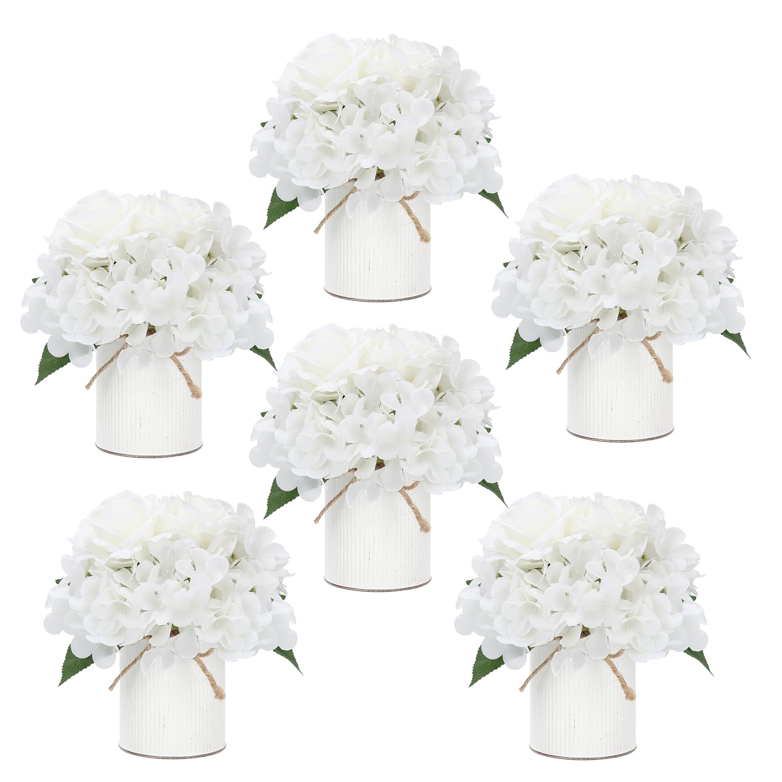 Flower Table Centerpieces - Set of 6 Floral Arrangement Artificial Wedding Hydrangeas Floral Arrangement with Rustic Metal Vase for Bridal Tea Party Event Decorations - Champagne
