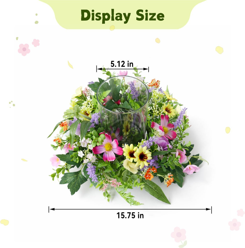 Floral Candle Holder Centerpiece for Table, Glass Hurricane with Detachable Small Floral Wreath, Farmhouse Spring Centerpiece for Dining Table, Wedding, Easter and Home Decor