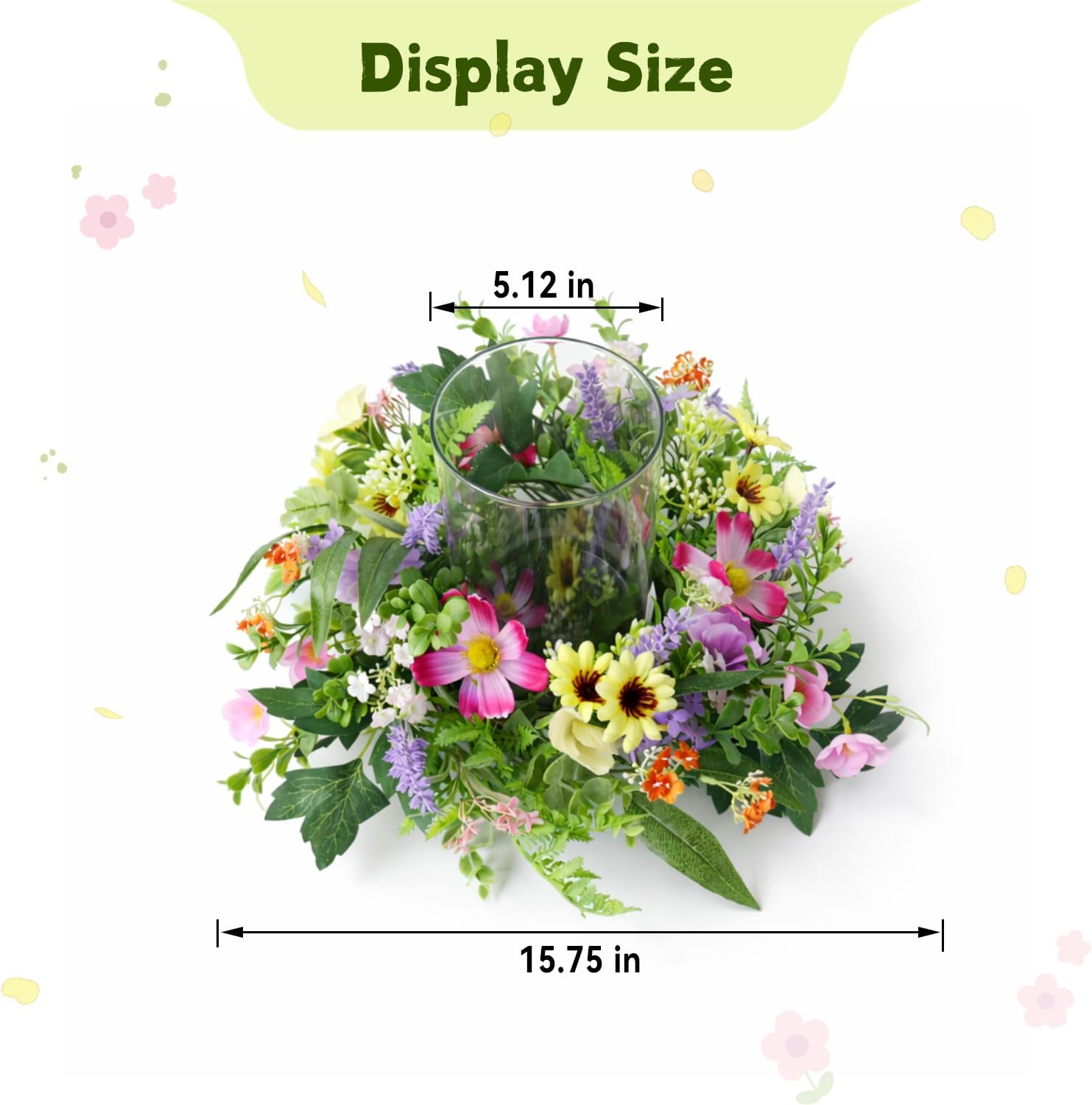 Floral Candle Holder Centerpiece for Table, Glass Hurricane with Detachable Small Floral Wreath, Farmhouse Spring Centerpiece for Dining Table, Wedding, Easter and Home Decor