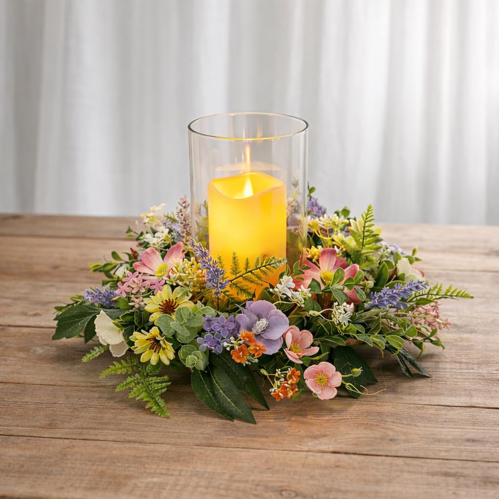 Floral Candle Holder Centerpiece for Table, Glass Hurricane with Detachable Small Floral Wreath, Farmhouse Spring Centerpiece for Dining Table, Wedding, Easter and Home Decor