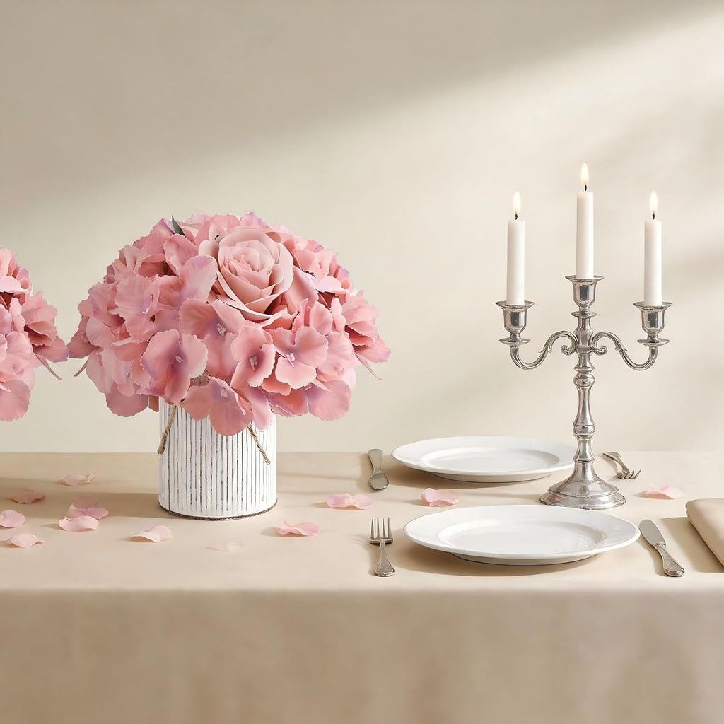 Flower Table Centerpieces - Set of 6 Floral Arrangement Artificial Wedding Hydrangeas Floral Arrangement with Rustic Metal Vase for Bridal Tea Party Event Decorations - Deep Pink