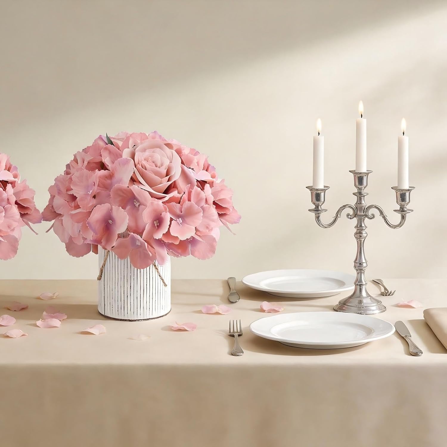Flower Table Centerpieces - Set of 6 Floral Arrangement Artificial Wedding Hydrangeas Floral Arrangement with Rustic Metal Vase for Bridal Tea Party Event Decorations - Deep Pink