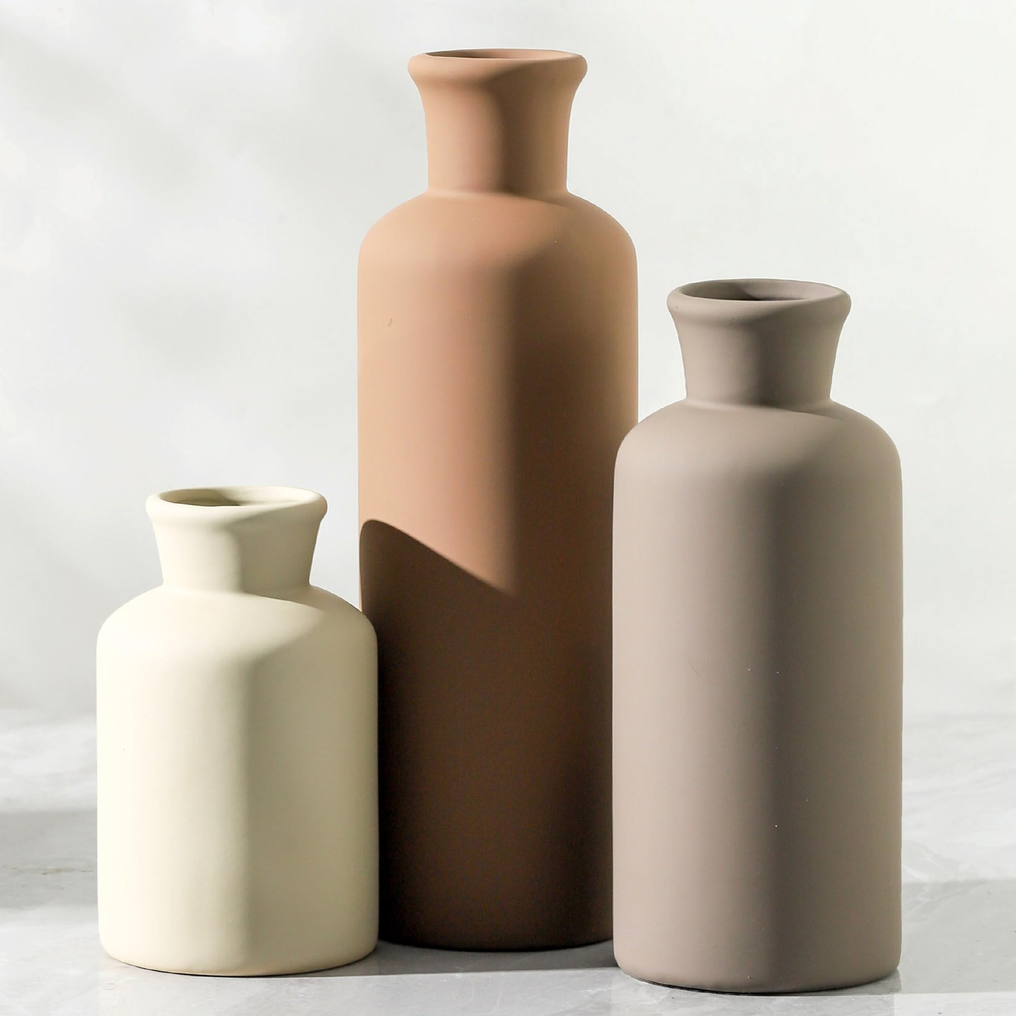 Ceramic Vase Set of 3 | Decorative Vases Home Decor | Flower Pampass Boho Modern Neutral Vase for Living Room, Table, Mantel, Entryway, Bookshelf, Kitchen, Bedroom, Bathroom - Multicolor