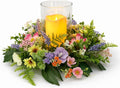 Floral Candle Holder Centerpiece for Table, Glass Hurricane with Detachable Small Floral Wreath, Farmhouse Spring Centerpiece for Dining Table, Wedding, Easter and Home Decor