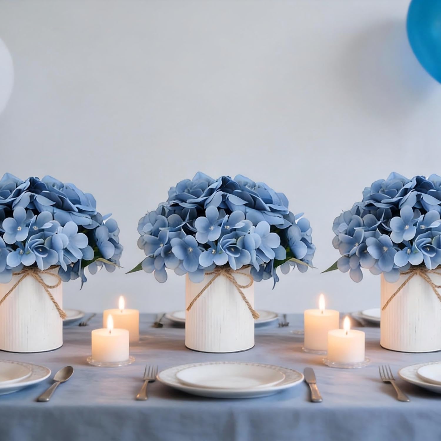 Flower Table Centerpieces - Set of 6 Floral Arrangement Artificial Wedding Hydrangeas Floral Arrangement with Rustic Metal Vase for Bridal Tea Party Event Decorations - Dusty Blue
