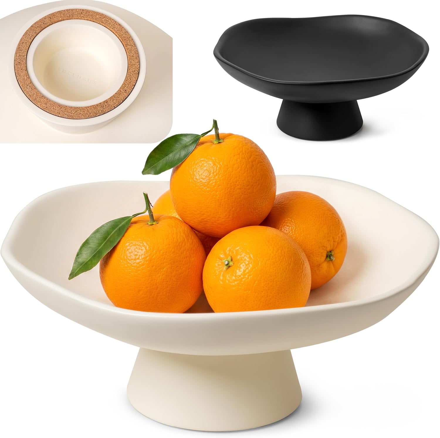 Modern Concrete Fruit Bowl for Kitchen Counter – Cream White Decorative Pedestal Bowl, 11.2” Wide Minimalist Fruit Tray for Home Décor, Table Decor, Entryway Key Bowl