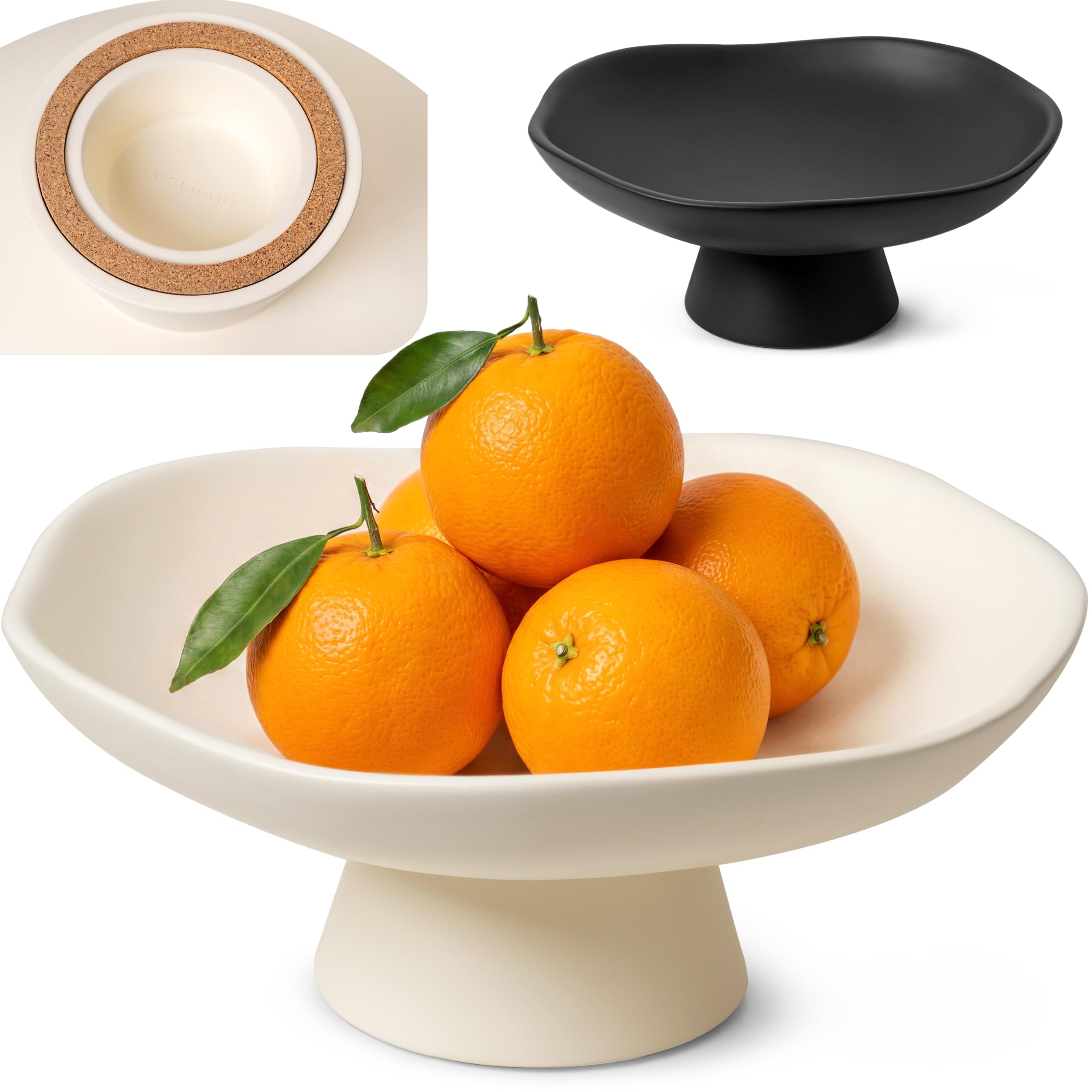 Modern Concrete Fruit Bowl for Kitchen Counter – Cream White Decorative Pedestal Bowl, 11.2” Wide Minimalist Fruit Tray for Home Décor, Table Decor, Entryway Key Bowl
