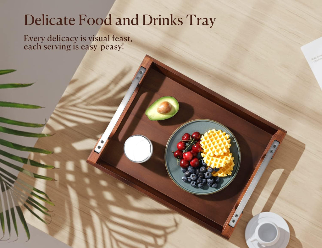 Acacia Wood Serving Tray with Metal Handles, 17x13in Food Drinks Tray for Coffee Table, Breakfast, Dinner & Bar, Rustic Decorative Storage Tray for Ottoman, Kitchen, Elegent Gift Packaging