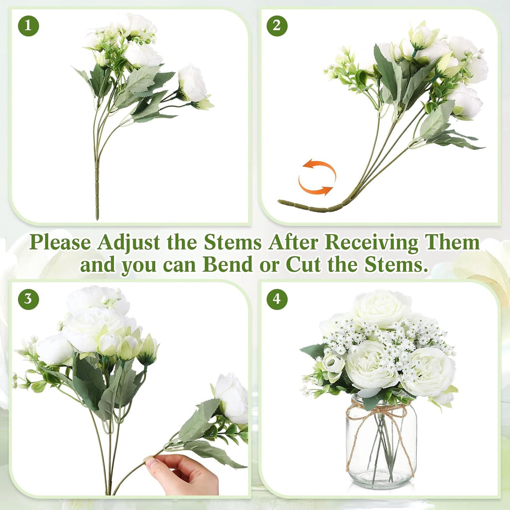 Zeyune 12 Sets Mason Jar Centerpiece Table Decorations, Artificial Peony Baby's Breath Flower Bouquets, Faux Flowers with Vase, Rustic Decor Gifts for Home, Wedding, Holiday (White)