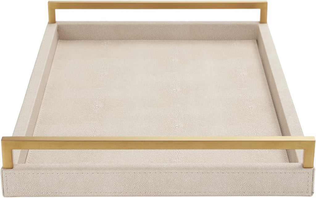 WV Ivory Shagreen Leather Serving Tray with Gold Handles-17.7x11.8 Inch Large Wooden Decorative Ottoman Tray fro Coffee Table, Kitchen, Dining, and Home Decor (Ivory)