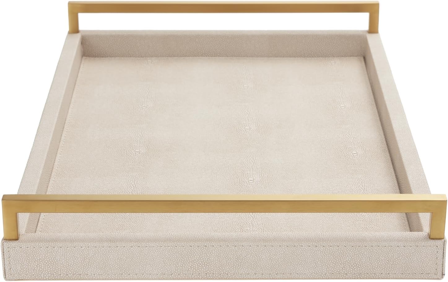 WV Ivory Shagreen Leather Serving Tray with Gold Handles-17.7x11.8 Inch Large Wooden Decorative Ottoman Tray fro Coffee Table, Kitchen, Dining, and Home Decor (Ivory)
