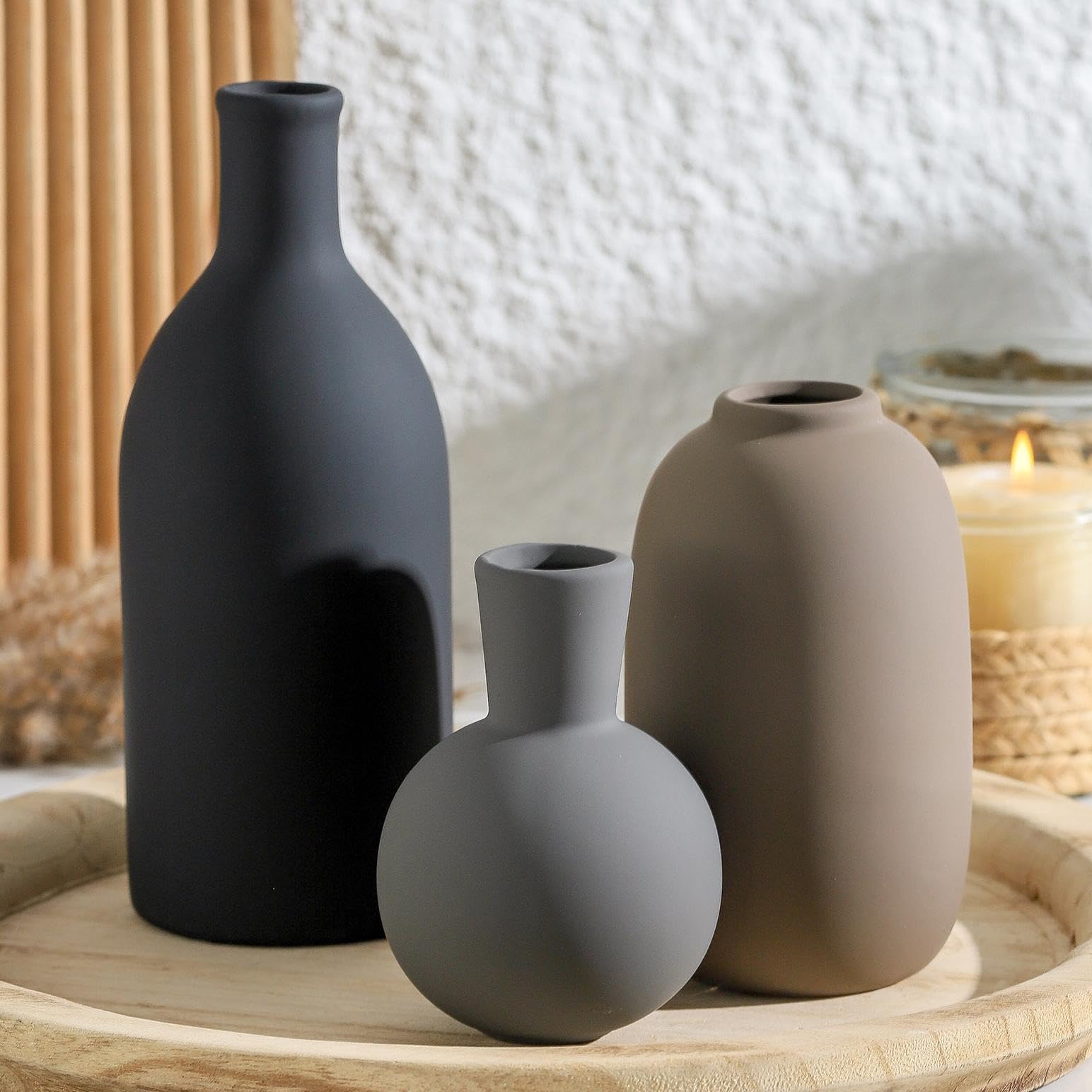 Ceramic Vase Set of 3 | Decorative Vases Home Decor | Flower Pampass Boho Modern Neutral Vase for Living Room, Table, Mantel, Entryway, Bookshelf, Kitchen, Bedroom, Bathroom - Multicolor