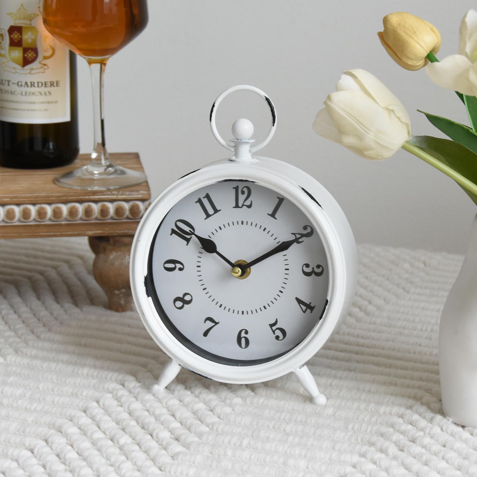 Vintage Black Table Clock on Stand, Decorative Desk and Shelf Clock, Rustic Mantel Clock Farmhouse Clock Non-Ticking