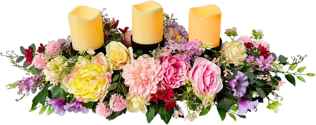Candle Holder Centerpiece for Table Artificial Peonies Flowers,Rose Flowers and Morning Glory for Wedding Party Table Centerpieces Mixed Flowers Floral Arrangement Home Kitchen Decor