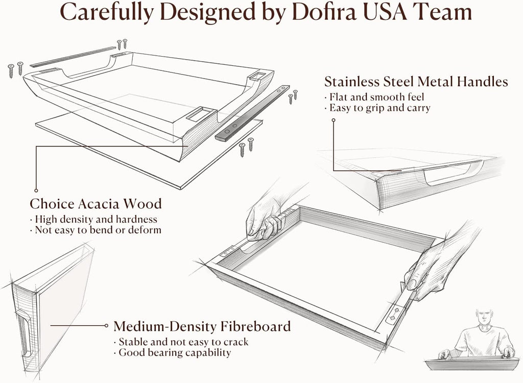 Acacia Wood Serving Tray with Metal Handles, 17x13in Food Drinks Tray for Coffee Table, Breakfast, Dinner & Bar, Rustic Decorative Storage Tray for Ottoman, Kitchen, Elegent Gift Packaging