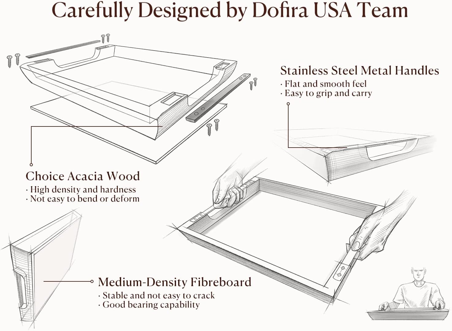 Acacia Wood Serving Tray with Metal Handles, 17x13in Food Drinks Tray for Coffee Table, Breakfast, Dinner & Bar, Rustic Decorative Storage Tray for Ottoman, Kitchen, Elegent Gift Packaging