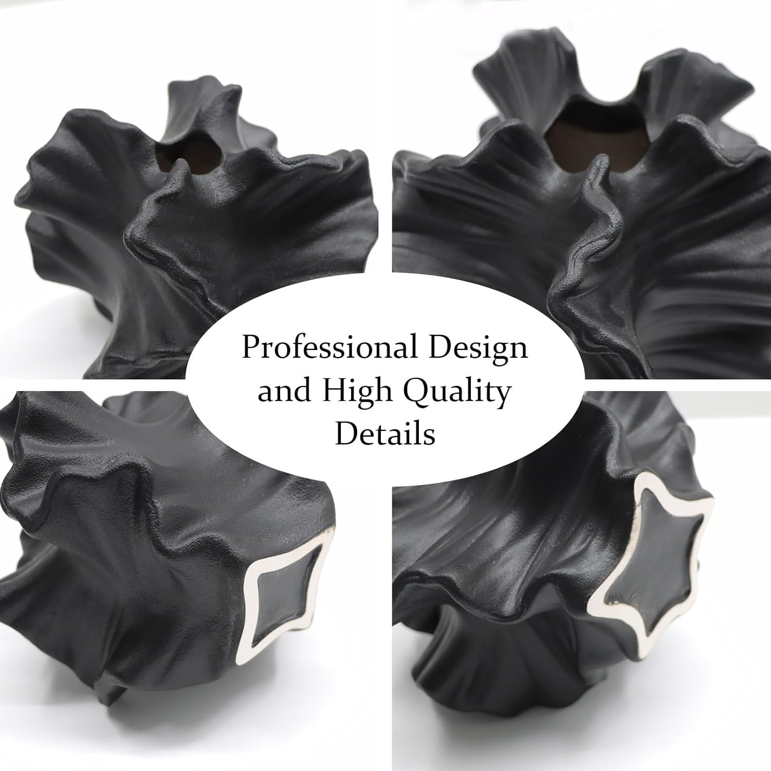 Ceramic Vase - Set of 2 for Home Decor,Black Flower Shape Pampas Vases Minimalist Nordic Boho Style for Modern Farmhouse Decor, Living Room、 Kitchen、Mantle、Bedroom、Dining Table、Office