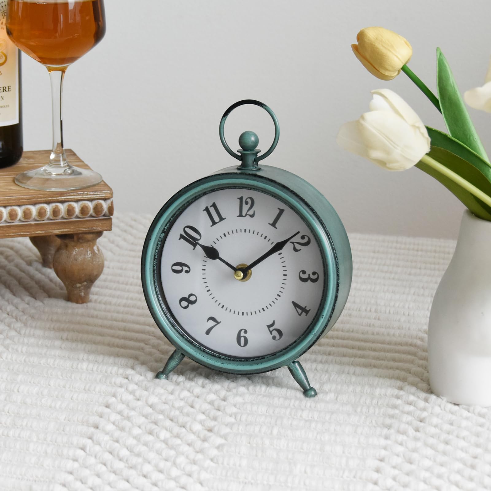 Vintage Black Table Clock on Stand, Decorative Desk and Shelf Clock, Rustic Mantel Clock Farmhouse Clock Non-Ticking