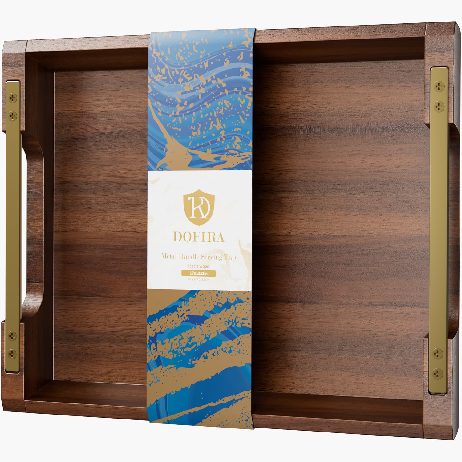 Acacia Wood Serving Tray with Metal Handles, 17x13in Food Drinks Tray for Coffee Table, Breakfast, Dinner & Bar, Rustic Decorative Storage Tray for Ottoman, Kitchen, Elegent Gift Packaging