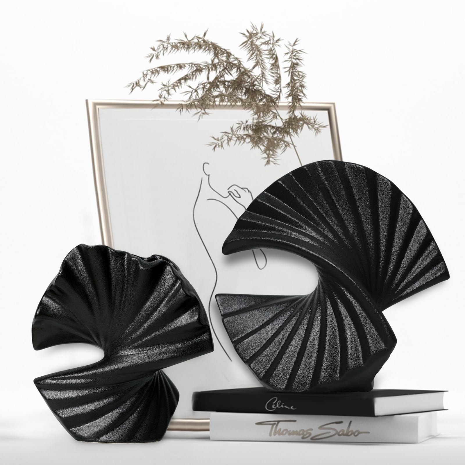 Ceramic Vase - Set of 2 for Home Decor,Black Flower Shape Pampas Vases Minimalist Nordic Boho Style for Modern Farmhouse Decor, Living Room、 Kitchen、Mantle、Bedroom、Dining Table、Office