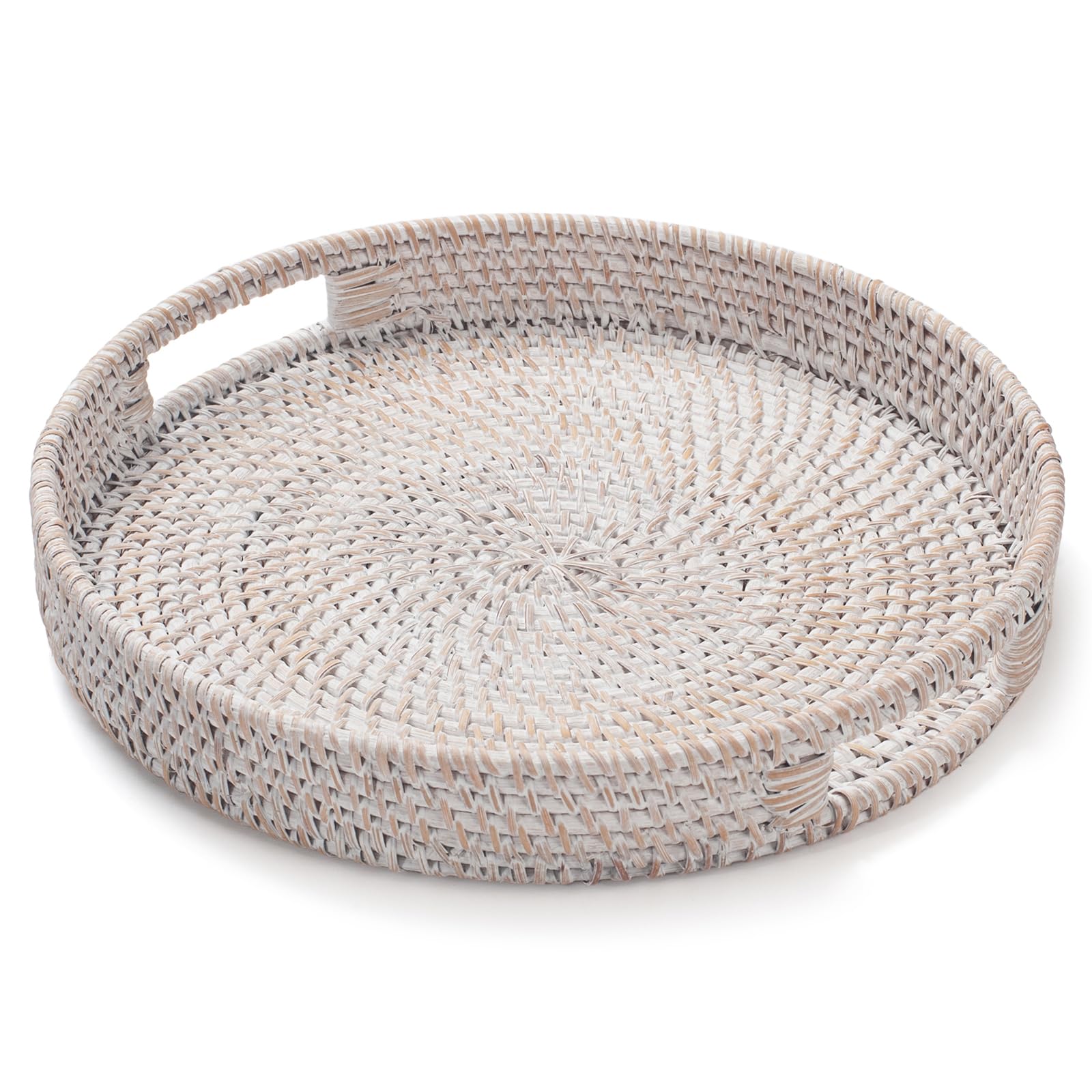 13.8 inch Round Rattan Tray, Decorative Coffee Table Tray, Ottoman Tray, Woven Serving Tray with Handles, Wicker Serving Basket, Whitewash