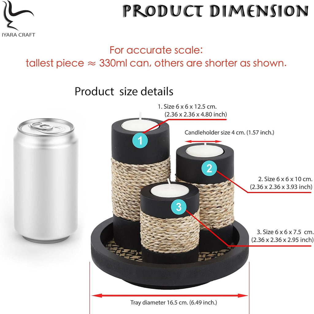 IYARA CRAFT Tealight Candle Holders with Tray – Set of 3 Rustic Black Wooden Candle Holders with Natural Rope Accent, Cozy Centerpiece for Romantic Dinner Table Decor, Anniversary & Housewarming Gifts