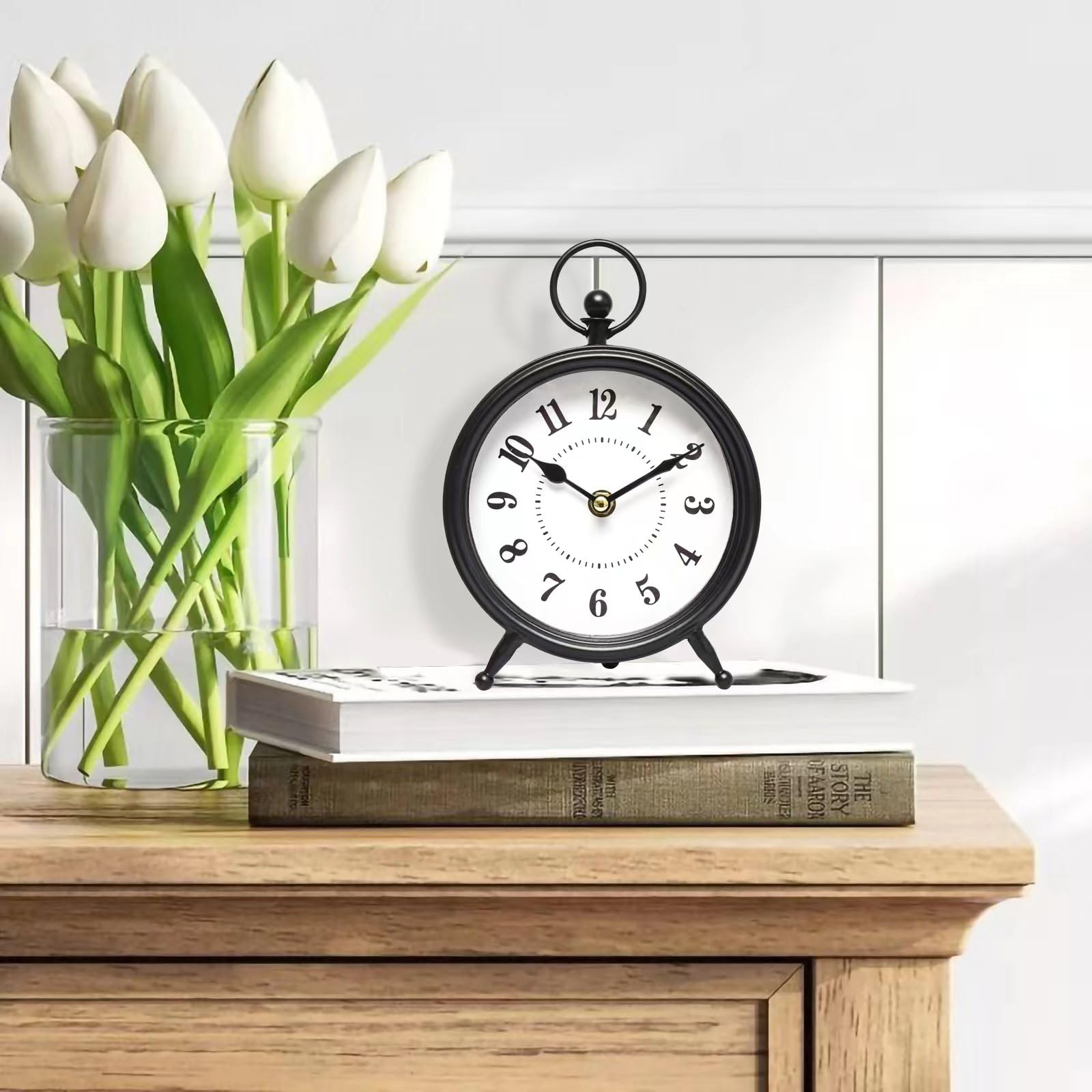 Vintage Black Table Clock on Stand, Decorative Desk and Shelf Clock, Rustic Mantel Clock Farmhouse Clock Non-Ticking