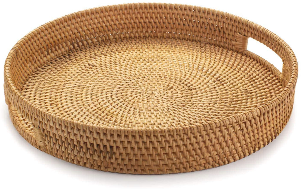13.8 inch Round Rattan Tray, Decorative Coffee Table Tray, Ottoman Tray, Woven Serving Tray with Handles, Wicker Serving Basket, Whitewash