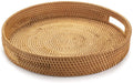 13.8 inch Round Rattan Tray, Decorative Coffee Table Tray, Ottoman Tray, Woven Serving Tray with Handles, Wicker Serving Basket, Whitewash