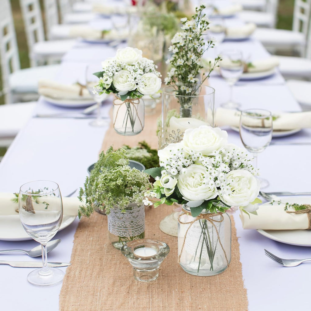 Zeyune 12 Sets Mason Jar Centerpiece Table Decorations, Artificial Peony Baby's Breath Flower Bouquets, Faux Flowers with Vase, Rustic Decor Gifts for Home, Wedding, Holiday (White)