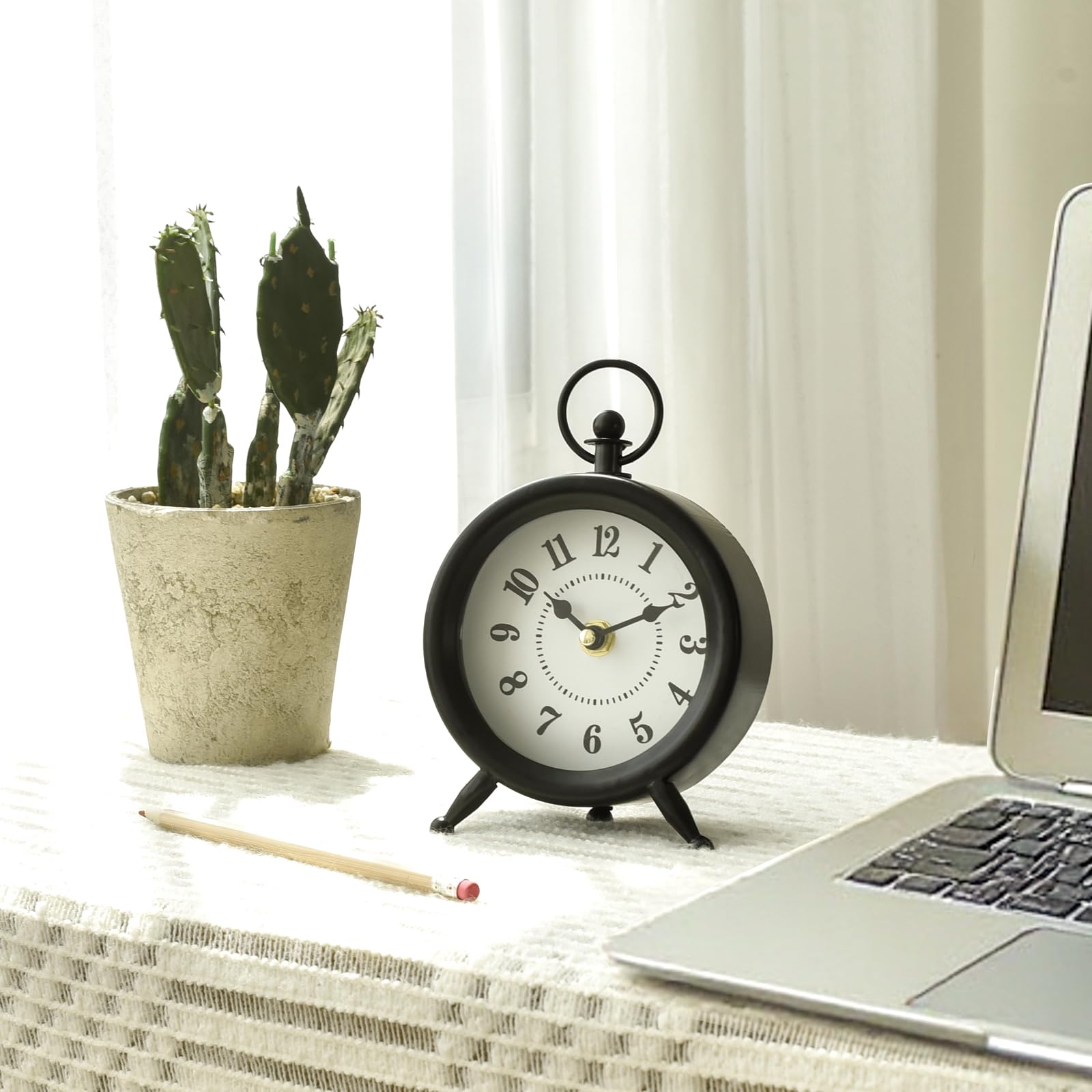 Vintage Black Table Clock on Stand, Decorative Desk and Shelf Clock, Rustic Mantel Clock Farmhouse Clock Non-Ticking