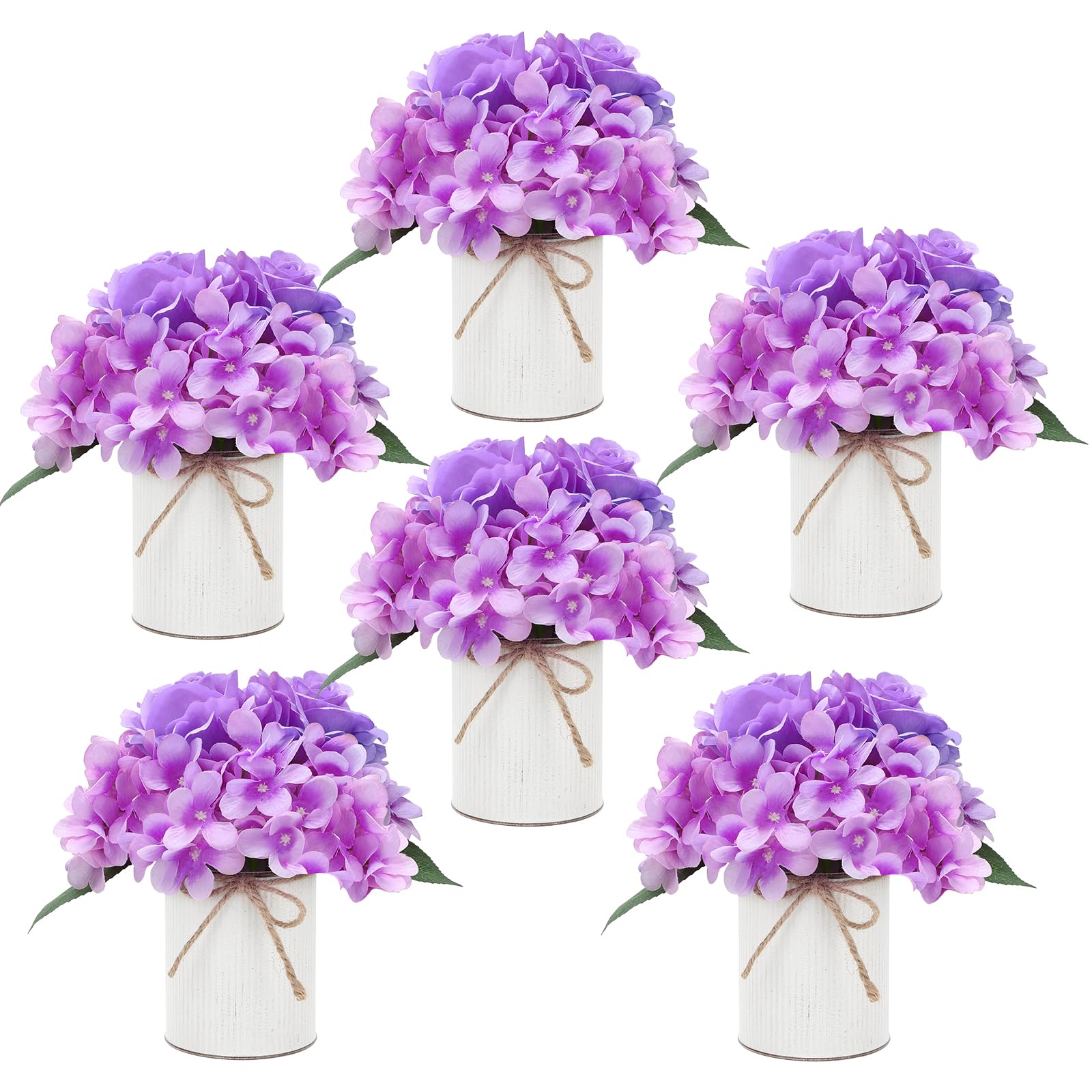 Flower Table Centerpieces - Set of 6 Floral Arrangement Artificial Wedding Hydrangeas Floral Arrangement with Rustic Metal Vase for Bridal Tea Party Event Decorations - Deep Pink
