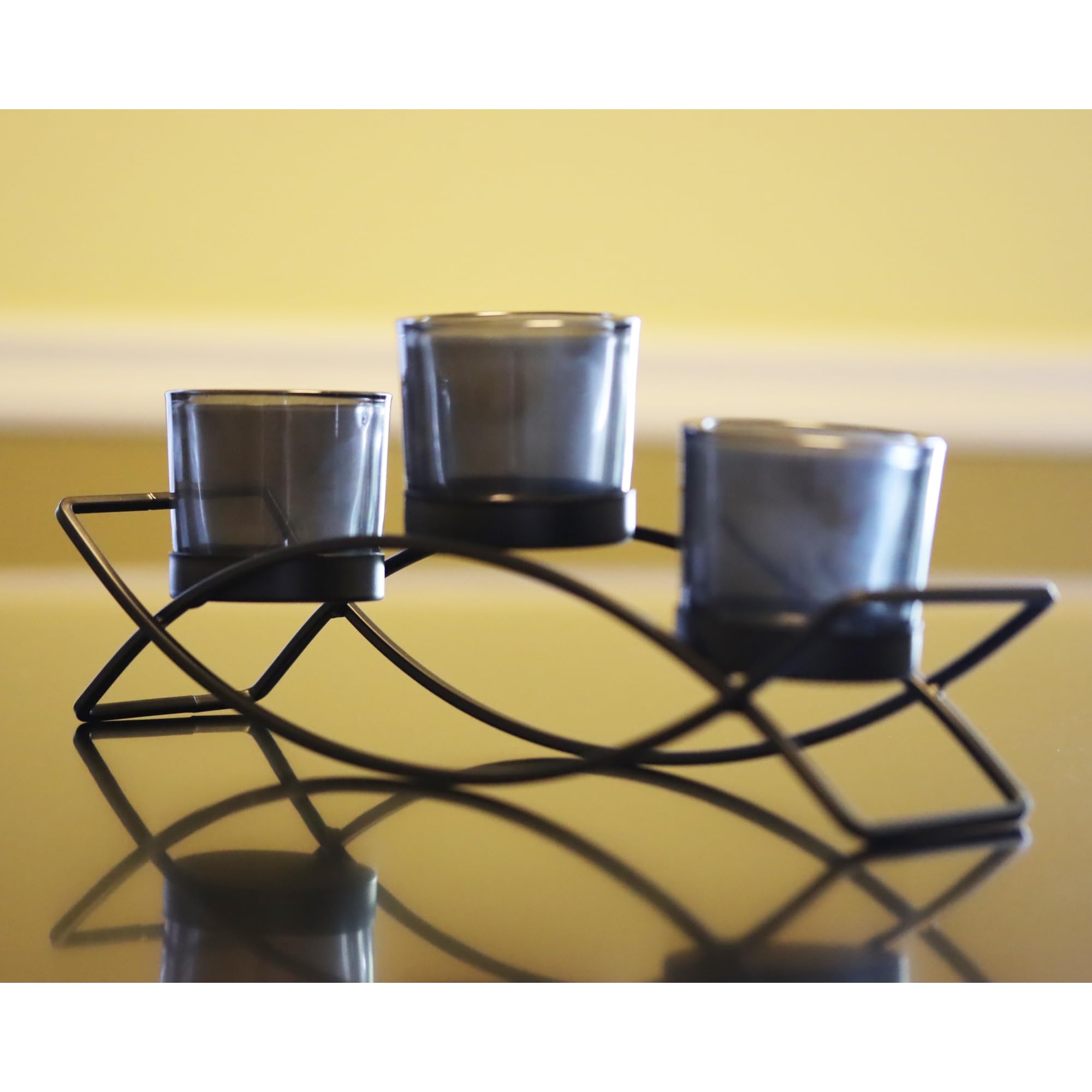 Seraphic Iron Arch Table Centerpiece Decorations Tealight Votive Candle Holder for Weddings, Patio, Kitchen, Dining Room, and Coffee Tables, Black, Clear Chunky 5 Cups