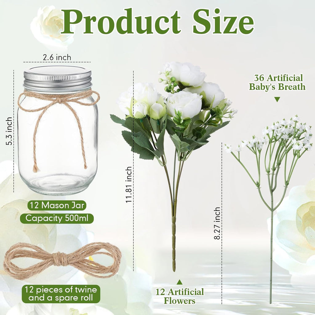 Zeyune 12 Sets Mason Jar Centerpiece Table Decorations, Artificial Peony Baby's Breath Flower Bouquets, Faux Flowers with Vase, Rustic Decor Gifts for Home, Wedding, Holiday (White)