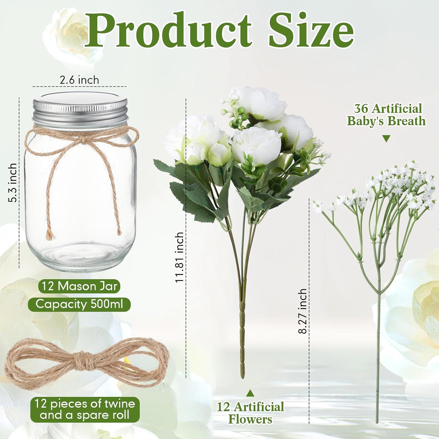 Zeyune 12 Sets Mason Jar Centerpiece Table Decorations, Artificial Peony Baby's Breath Flower Bouquets, Faux Flowers with Vase, Rustic Decor Gifts for Home, Wedding, Holiday (White)