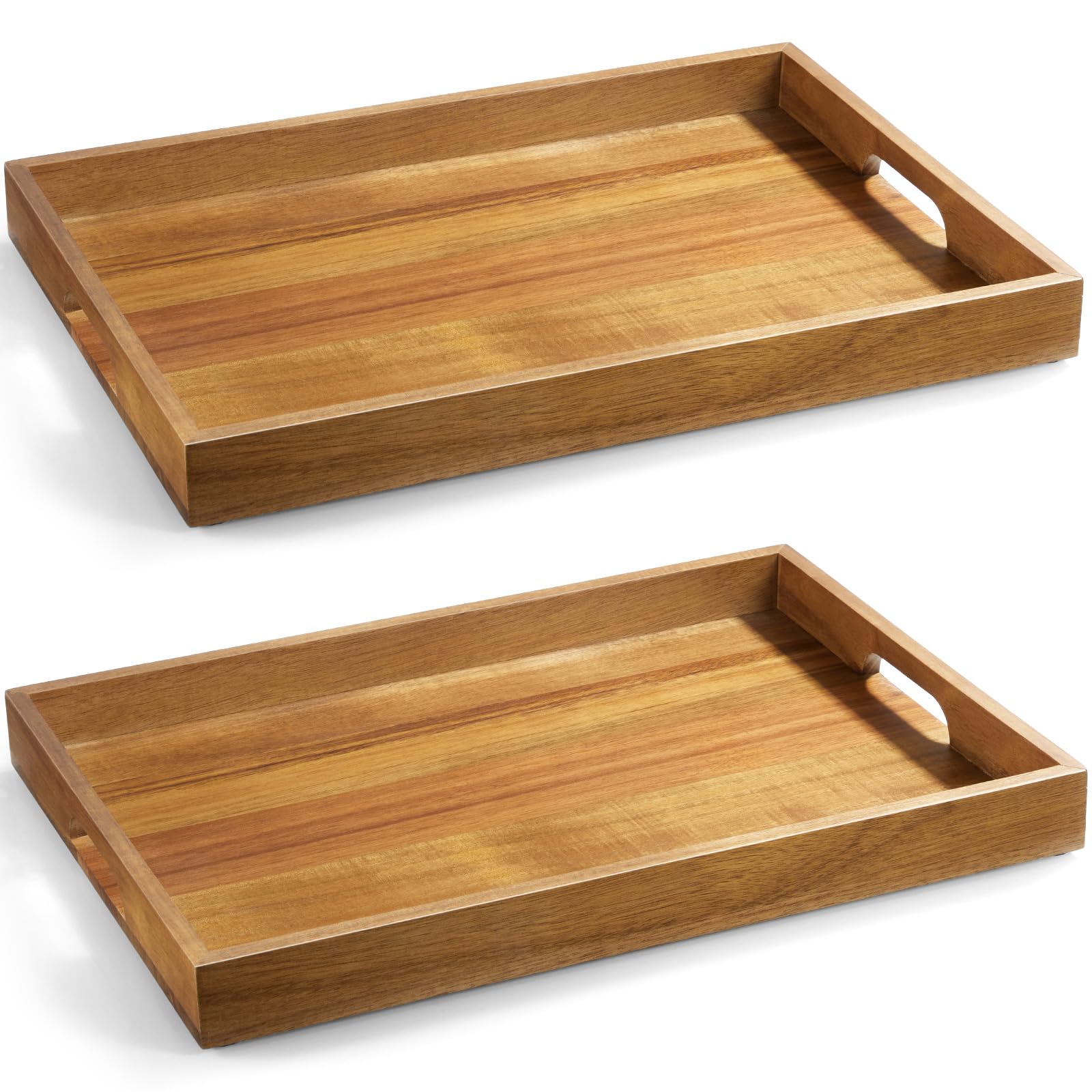 17 Inch Acacia Wood Serving Tray with Handles - Large Wooden Tray for Ottoman, Breakfast in Bed, Dinner, Coffee Table - Decorative Rectangular Tray for Living Room Bedroom Entryway and Kitchen