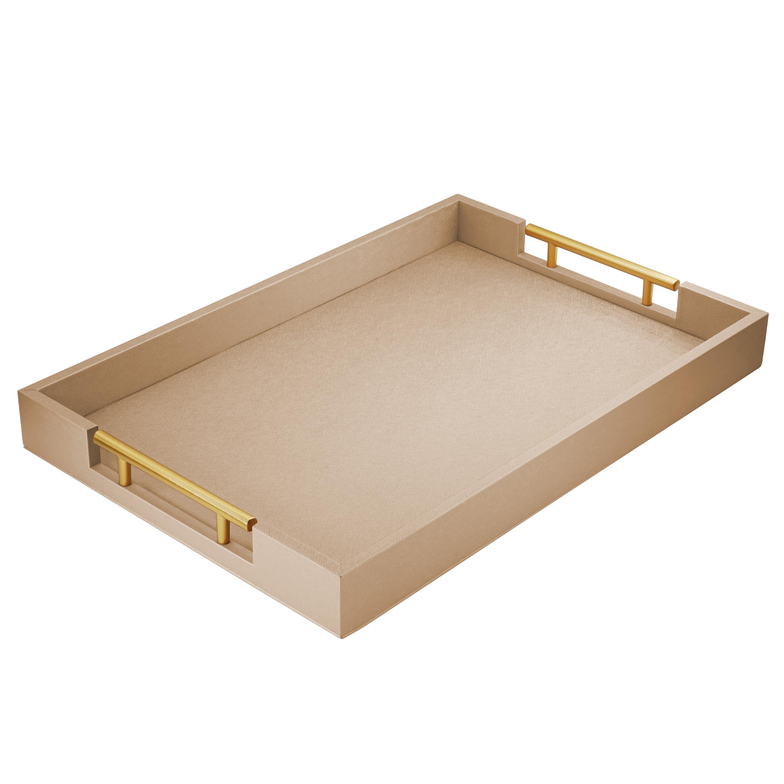 17" x 12" Wood Serving Tray with Gold Polished Metal Handles, Home Decorative Wooden Rectangle Ottoman Leather Decor Platter Bathroom Vanity Tray for All Occasions White