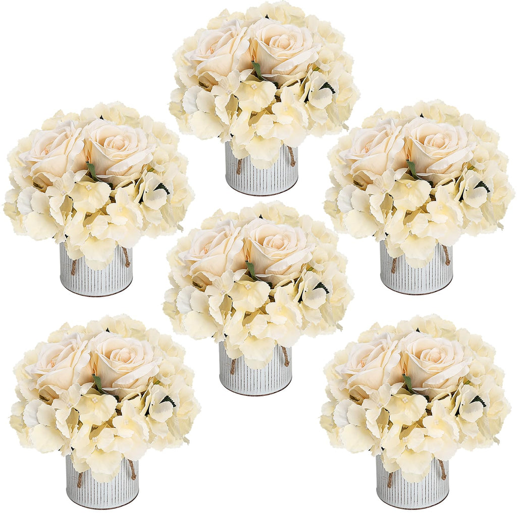 Flower Table Centerpieces - Set of 6 Floral Arrangement Artificial Wedding Hydrangeas Floral Arrangement with Rustic Metal Vase for Bridal Tea Party Event Decorations - Champagne
