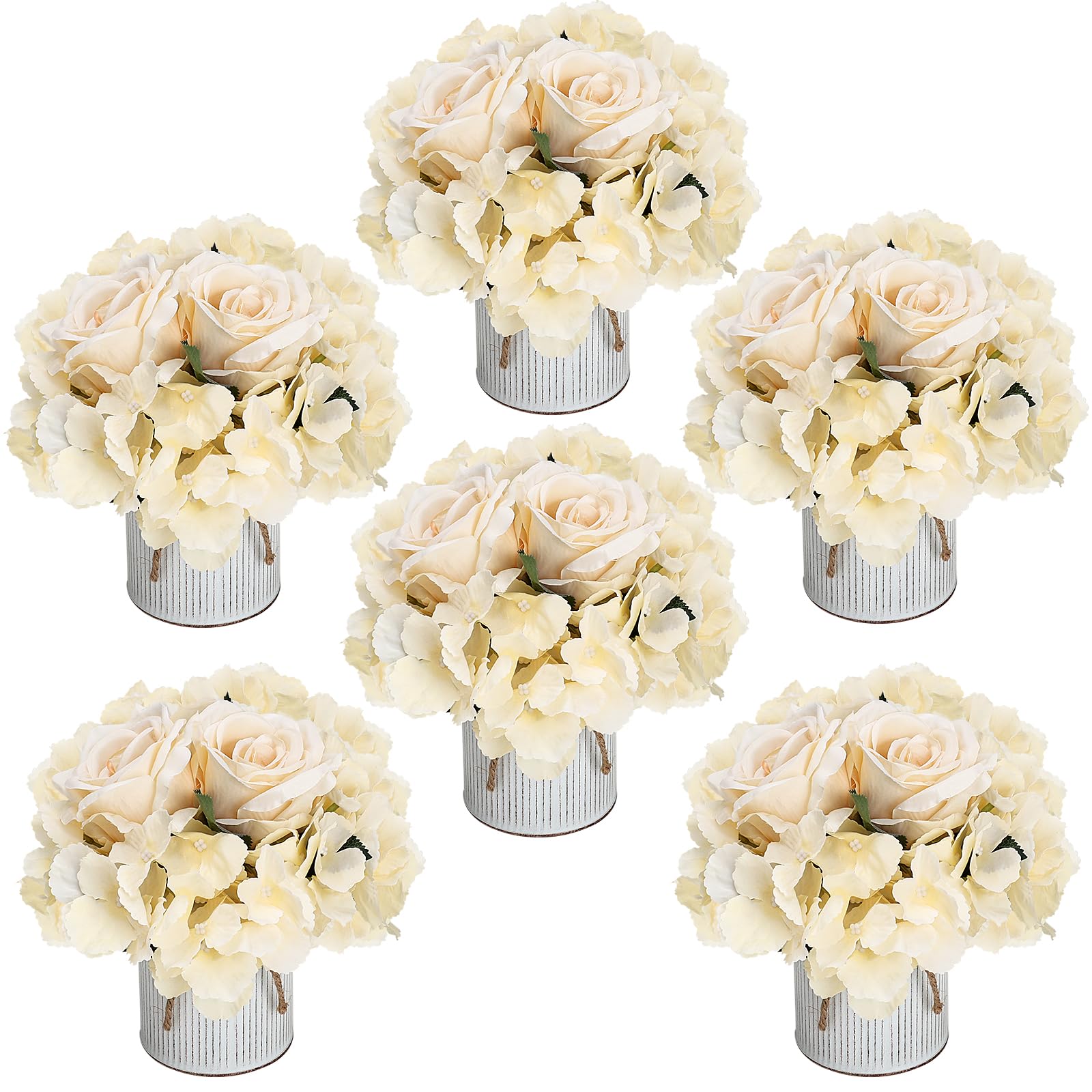 Flower Table Centerpieces - Set of 6 Floral Arrangement Artificial Wedding Hydrangeas Floral Arrangement with Rustic Metal Vase for Bridal Tea Party Event Decorations - Deep Pink
